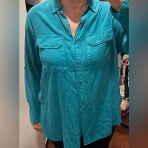 VELVET HEART Button-Up Women's Long Blouse Shirt Tunic Darts Front Pockets Teal